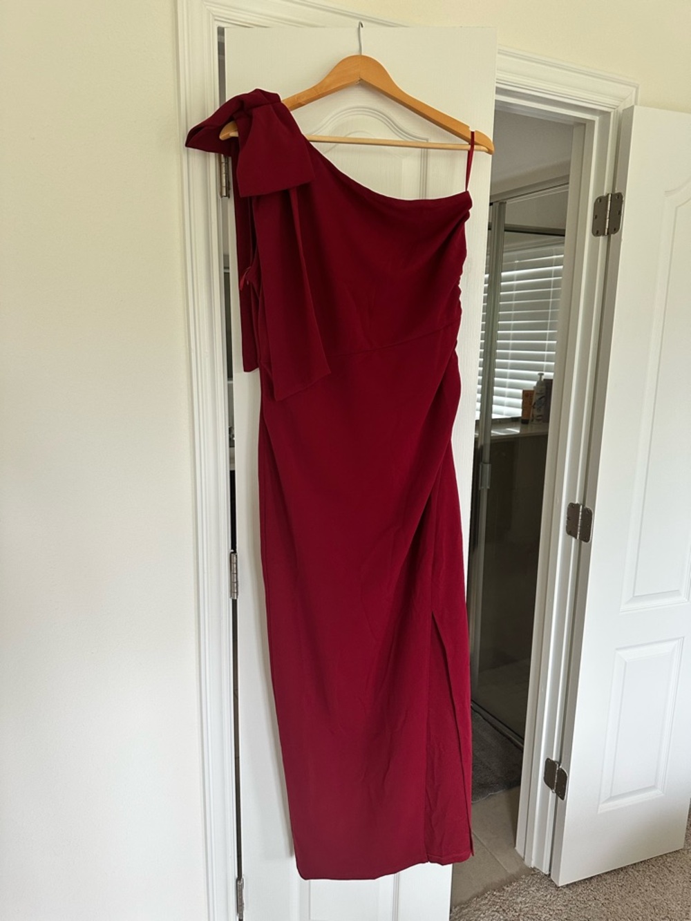 Asymmetric One-Shoulder Evening Gown with Shoulder Bow in Burgundy